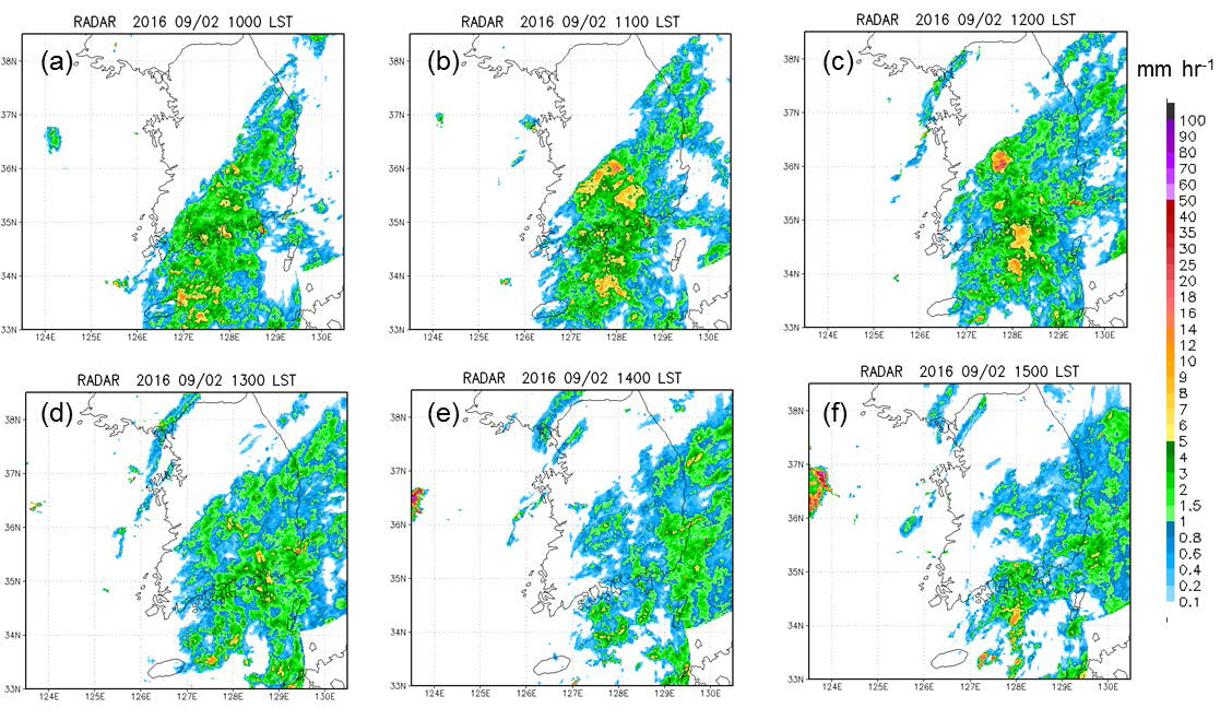 Mosaic radar rainrate (mm hr-1) observed at 1 h intervals from (a) 1000 KST to (f) 1500 KST 2 Sep 2016.