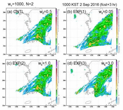 Experiments for reflectivity weights (a) 0.5, (b) 0.05, (c) 1.0, and (d) 5.0. The forecasting rainfall was performed by MAPLE at 3 hour