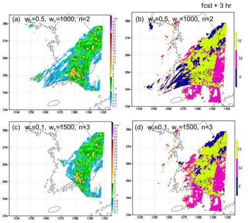 Radar images of (a) CNTL and (b) EXP and 2×2 contingency table for (c) CNTL and (d) EXP as a function of reflectivity and smoothness weights at 3 hour MAPLE forecasting