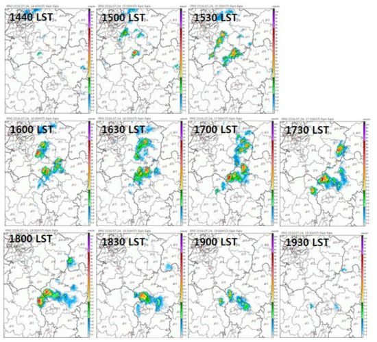 Composite images of radar reflectivity from KMA radars during 1440 KST to 1930 KST 24 Jul 2016