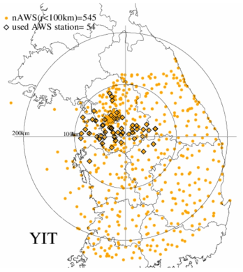 The distribution of AWSs within 240km observation range of YIT.