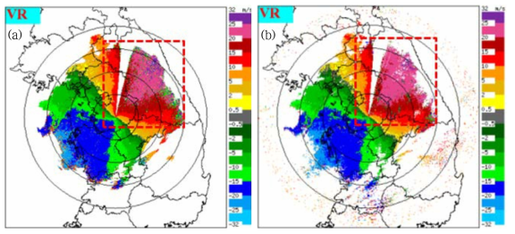 Radial velocity of YIT radar (a) NoQC, and (b) unfolded data using developed algorithm