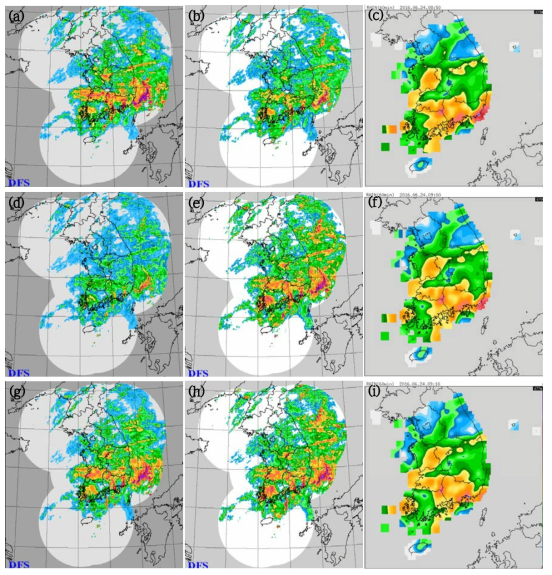 Comparison of RAR using TRMM/GSP(left), WRC-RGP(middle), and AWS observation data(right) during 0850~0910 KST 24 Jun 2016, 0850 KST 24 Jun 2016(a)~(c), 0900 KST 24 Jun 2016(d)~(f), 0910 KST 24 Jun 2016(g)~(i).