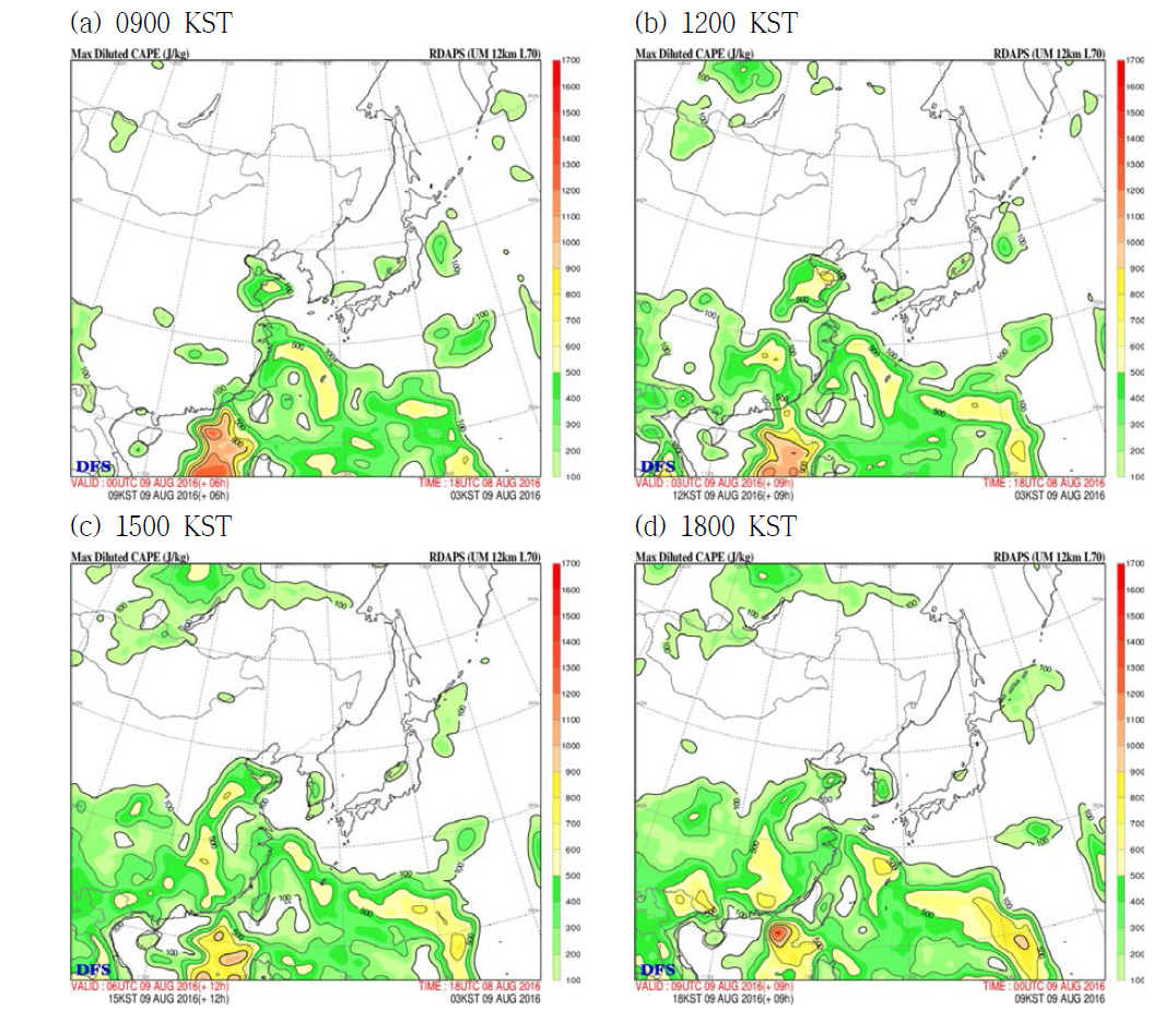 CAPE images in the East Asia at 9 Aug. 2016 at (a) 0900 KST, (b) 1200 KST, (c) 1500 KST, and (d) 1800 KST by UM-RDAPS