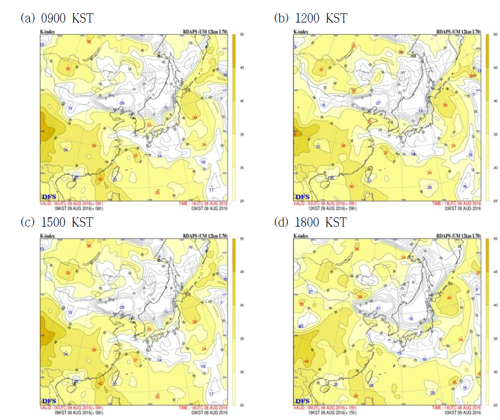 K-Index images in the East Asia at 9 Aug. 2016 at (a) 0900 KST, (b) 1200 KST, (c) 1500 KST, and (d) 1800 KST by UM-RDAPS