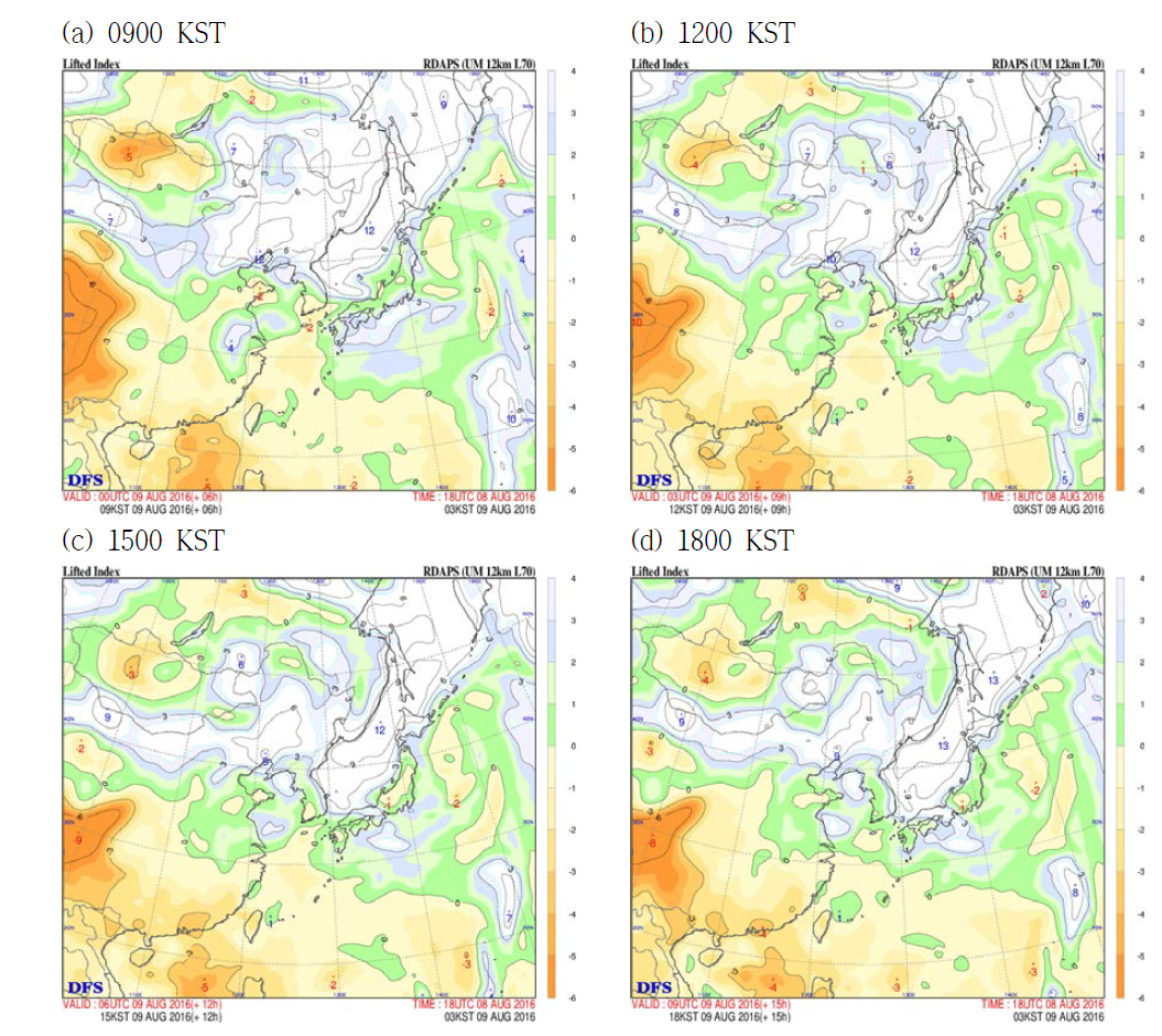 Lifted Index images in the East Asia at 9 Aug. 2016 at (a) 0900 KST, (b) 1200 KST, (c) 1500 KST, and (d) 1800 KST by UM-RDAPS