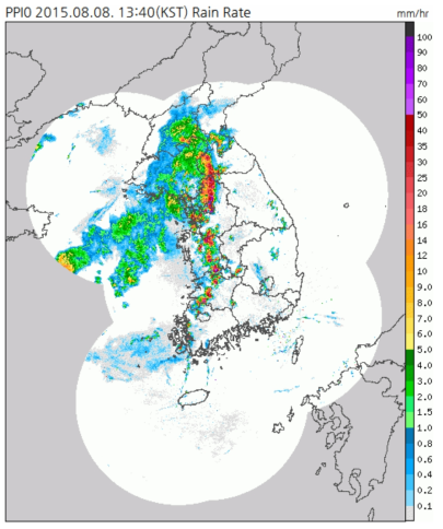 Lowest elevations (PPI0) merged rain rate of operational radars on 1340 KST 08 Aug 2015