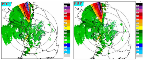 ϕDP of the YIT radar on 1340 KST 08 Aug 2015 (a) before ϕDP unfolding, and (b) after ϕDP unfolding