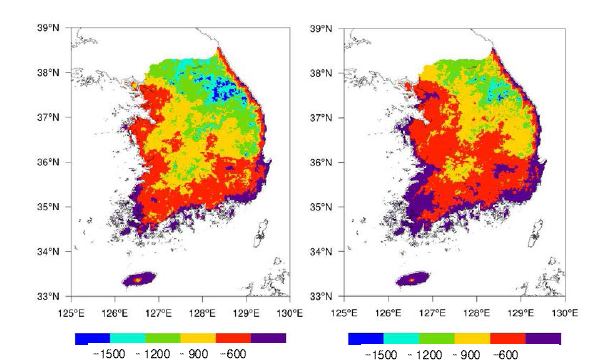 Observational (past, 2001-2010, left) and ensemble-average modelled (future, 2041-2050) maps for Accumulated Frost