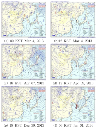 Surface weather charts at (a) haze event (00 KST Mar 4, 2013), (b) haze event 12 KST Mar 4, 2013, (c) Asian Dust event (18 KST Apr 7, 2013), (d) Asian Dust event (12 KST Apr 9, 2013), (e) mixed haze-Asian Dust event (18 KST Dec 30, 2013) and (f) mixed haze-Asian Dust event (06 KST Jan 01, 2014).