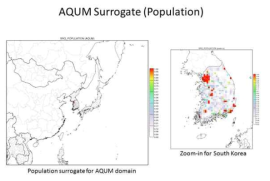 Example of population surrogate for AQUM domain grids (left) and regional zoom-in (right)