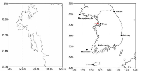 Location of Automatic Meteorological Observation System (AMOS; left) at Taean airfield and rawinsonde stations over South Korea (right). Red arrow indicates rawinsonde at Osan air base used in this study.