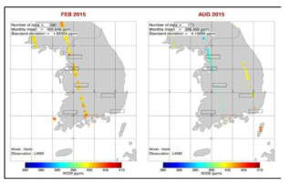 OCO-2 XCO2 concentration over Korea domain(33°-39°N, 124°-130°E) in 2015 February and 2015 August.