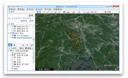 A plot of spatial mapping of OCO-2 XCO2 using Google Earth.