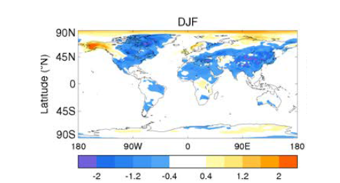 Surface temperature anomalies for the 1991-1992 winter following the 1991 Mount Pinatubo eruption.