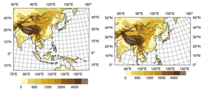 The CORDEX-East Asia PhaseⅠ (left) and PhaseⅡ (right) domain with topography (m).