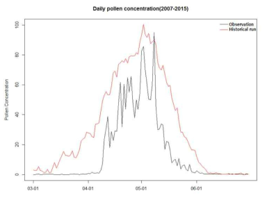 Daily pollen concentration of observation and historical run.