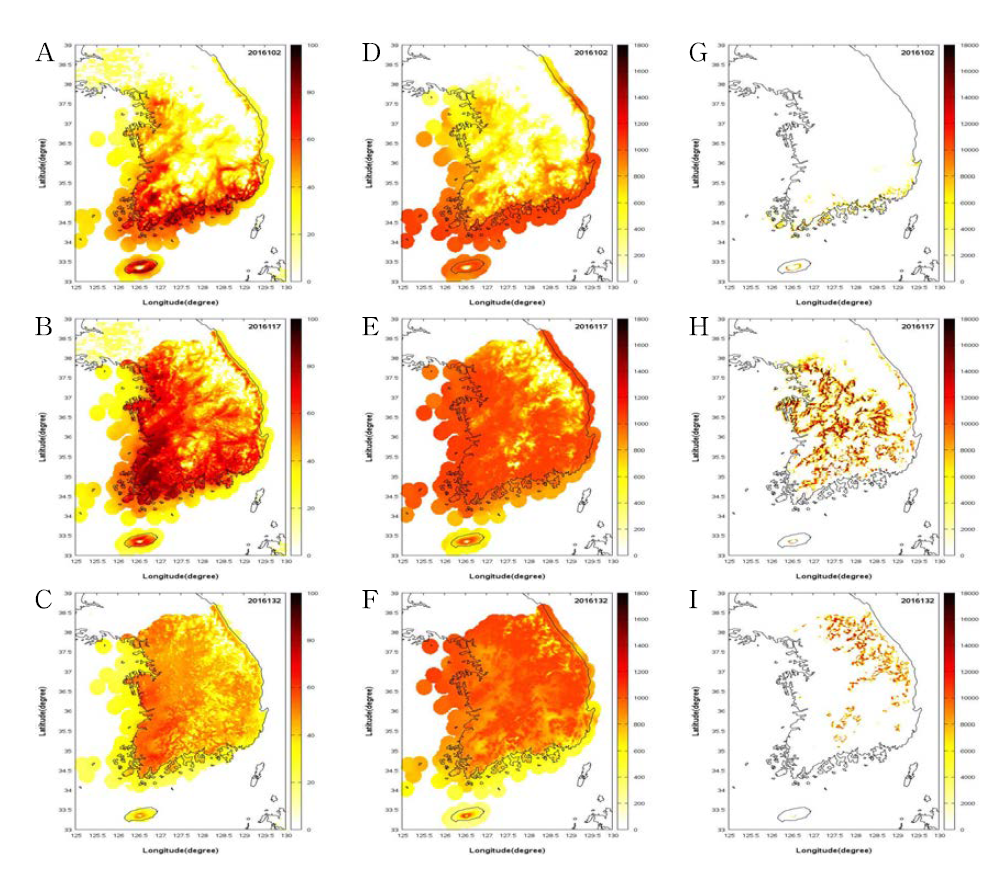 National distribution of oak pollen by NIMS 2014 (A, B, C), NIMS 2015 (D, E, F), and NIMS 2016 (G, H, I) emission formulas on 11 April 2016 (A, D, G), 26 April 2016 (B, E, H), 11 May 2016 (C, F, I).