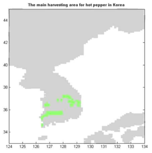 The main harvesting area (colored area) for hot pepper in Korea.