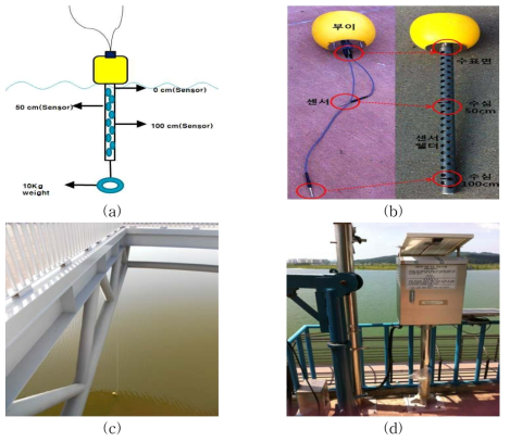 (a) Schematic diagram of water temperature observation system, (b) pictures of observation instrument, and (c) and (d) pictures of observation sites