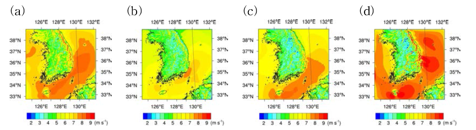 Mean wind speed of seasonal wind resource map at 80 m AGL during (a) spring, (b) summer, (c) autumn, and (d) winter for 2010-2013