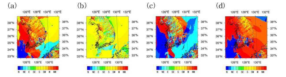 Prevailing wind directions of seasonal wind resource map at 80 m AGL during (a) spring, (b) summer, (c) autumn, and (d) winter for 2010-2013.