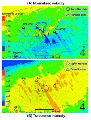 Spatial distributions of (a) normalised velocity and (b)turbulence intensity for 13 m s-1 wind speed with 330° direction at 80 m.