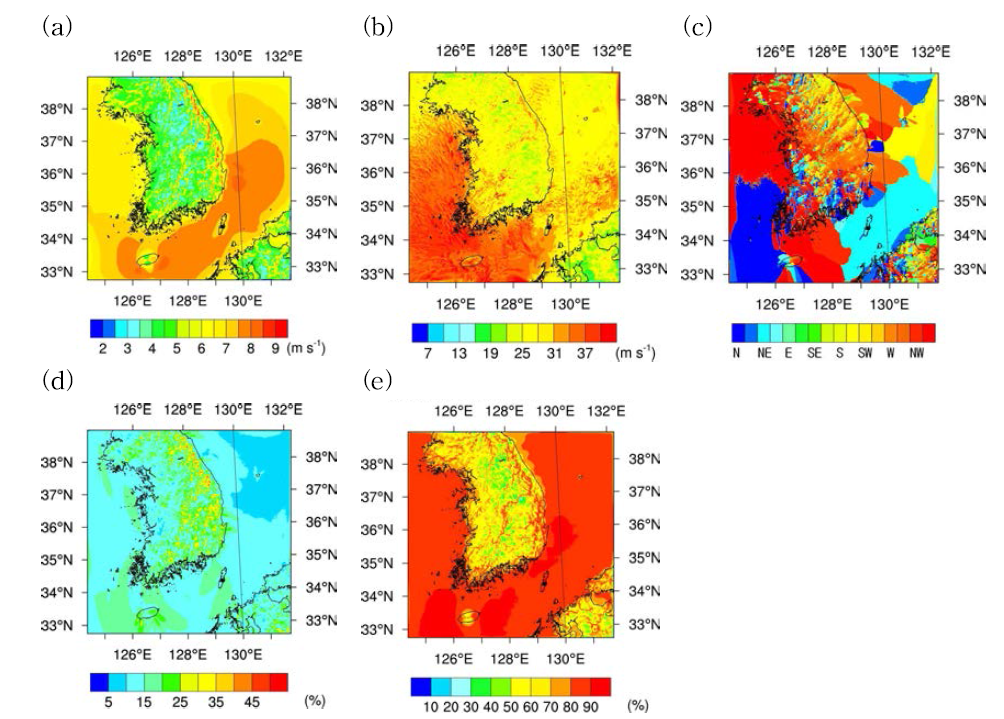 (a) Mean wind speed, (b) maximum wind speed, (c) prevailing wind directions, (d) frequency of prevailing wind directions, and (e) 3-25 ms-1 wind speed frequency of annual wind resource map at 80m AGL for 2010-2013