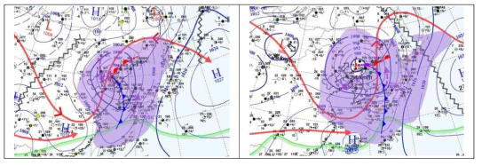Synoptic charts at (left) 0000 UTC and (right) 1200 UTC May 2, 2016 when the strong wind speed event was occurred at the Incheon International Airport