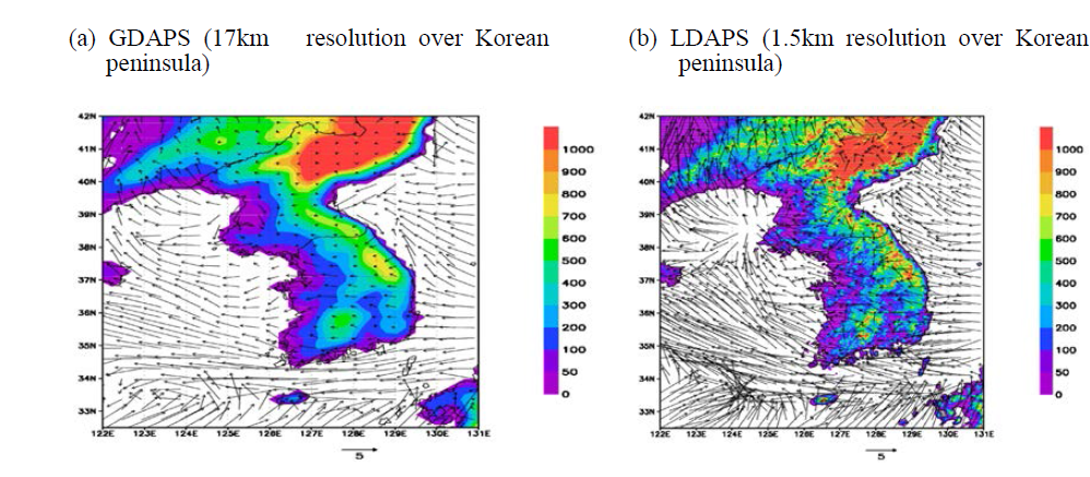 Simulated wind vectors from (a) GDAPS and (b) LDAPS around the Korean peninsula at 0000 UTC of June 22, 2016