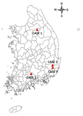 Location of four flash flood cases.