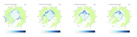 TDD (colour) and sea ice velocity (quiver) (June to September 2016 from left to right, respectively).