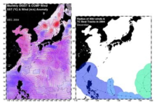 Horizontal distribution of monthly anomalies of SST and wind (left), and typhoon best track (right) in December 2004.