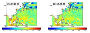 Difference of 5-day averaged Sea Surface Temperature (SST) analysis between GODAPS and OSTIA. Left and right panels indicate results for Exp. N512 and Exp. N768, respectively.
