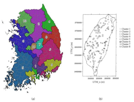 Comparison of calculated spatial distribution and previous research(a. SOM, b. previous research)