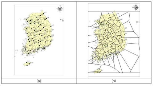 1982 to 2015 that have been running for general observation point for (a) and weather data into a regional thiessen polygon network configuration (b).