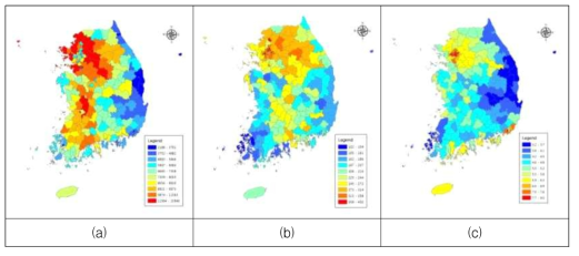 Total heavy rainfall during 1982 to 2015(a), mean rainfall per case(b), mean hour rainfall(c)