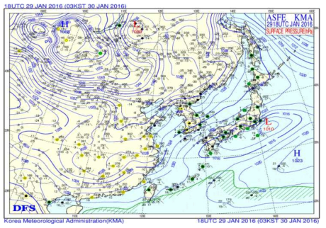 Synoptic weather chart at surface on 30, January, 2016.