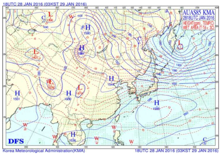 Synoptic weather chart at 850hPa on 29, January, 2016.