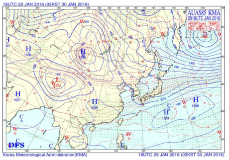 Synoptic weather chart at 850hPa on 30, January, 2016.