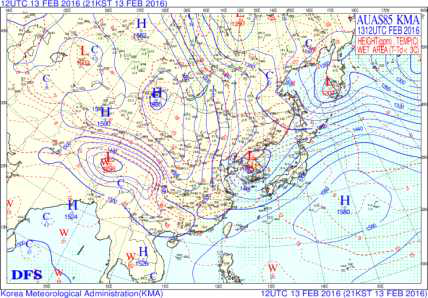Synoptic weather chart at 850hPa on 13, February, 2016.