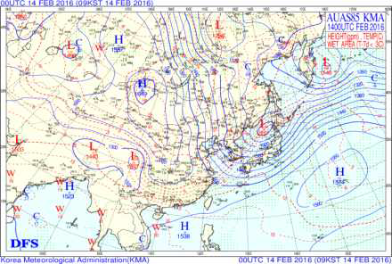 Synoptic weather chart at 850hPa on 14, February, 2016.