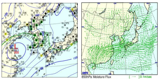 Mesoscale synoptic and 850 hPa moisture flux chart of case1.