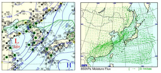 Mesoscale synoptic and 850 hPa moisture flux chart of case2.