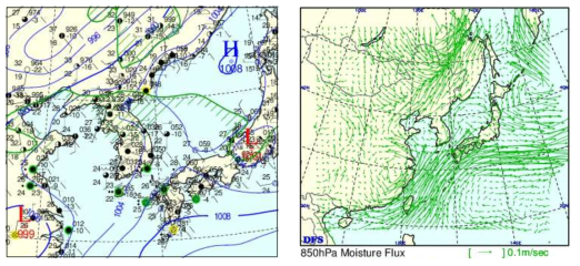 Mesoscale synoptic and 850 hPa moisture flux chart of case4.