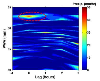 Precipitation rate conditioned on gap-filled precipitable water vapor (PWV) at various leads or lags.