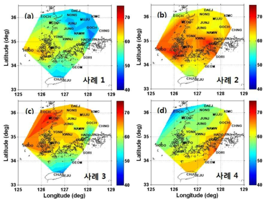 Composite maps of averaged PWV in (a) case 1, (b) case 2, (c) case 3, and (d) case 4, respectively