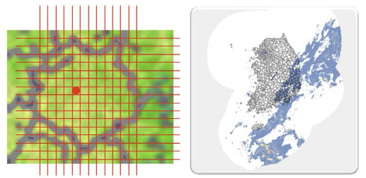 1km 해상도의 전국 강우량 셀