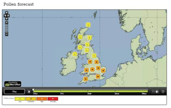 Pollen forecast map of UK.