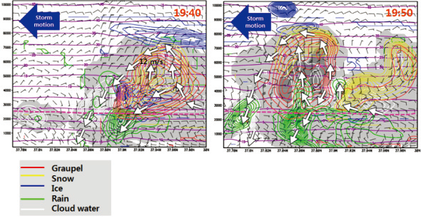 Vertical cross section from CReSS simulations. Reflectivity is gray shaded, lines indicate cloud concentrations while barb show U*W component